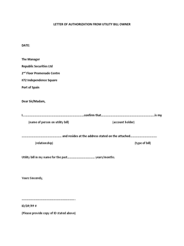 Letter Of Authorization From Utility Bill Owner Docx