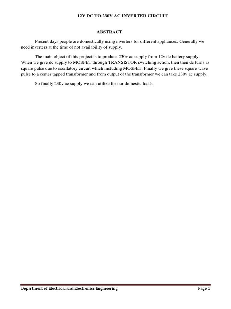 12V DC to 230V AC Inverter Design | PDF | Field Effect Transistor | Mosfet