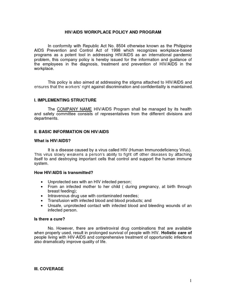 HIV AIDS Workplace Policy & Program | PDF | Hiv/Aids | Infection