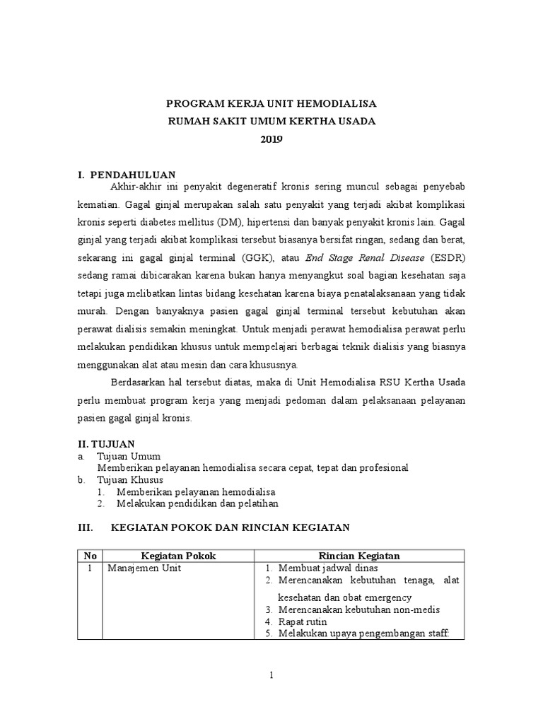 Program Kerja Unit Hemodialisa 2019 | PDF | Sains & Matematika