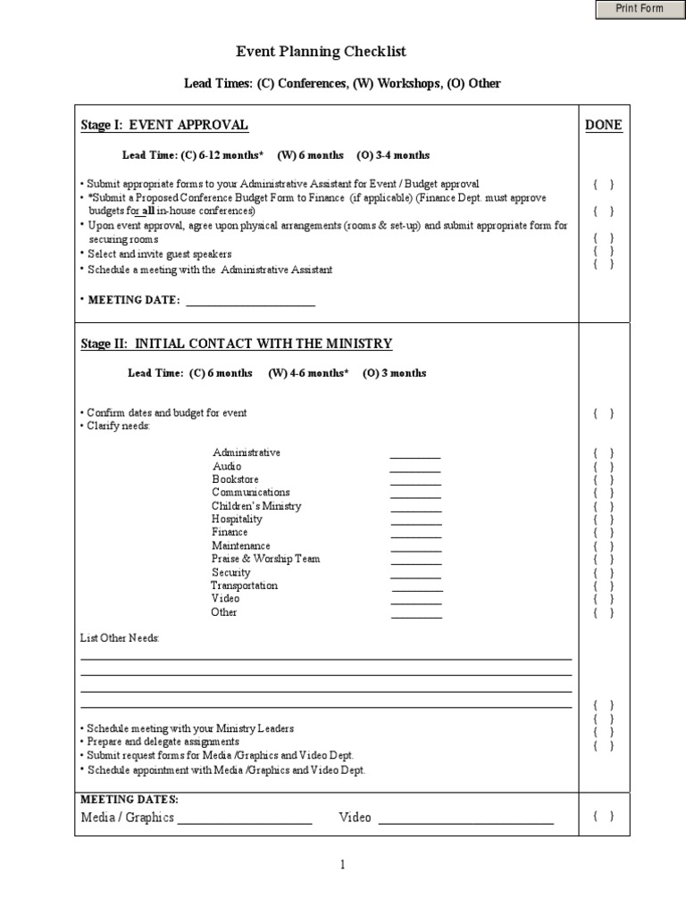 Event Planning Checklist: Lead Times: (C) Conferences, (W) Workshops ...