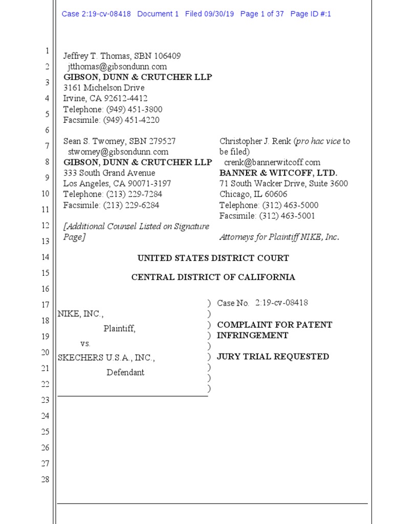 Nike V Skechers U S A Complaint C D Cal 2019 Patent