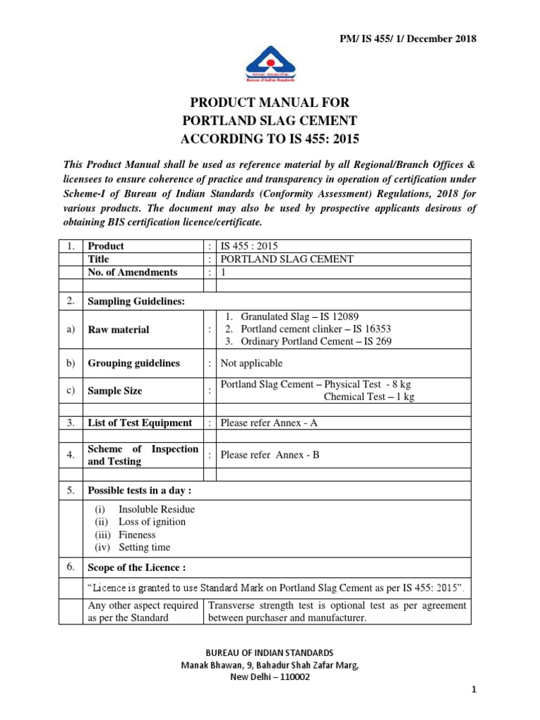 Portland Slag Cement IS 455:2015 Manual | PDF | Calibration | Cement
