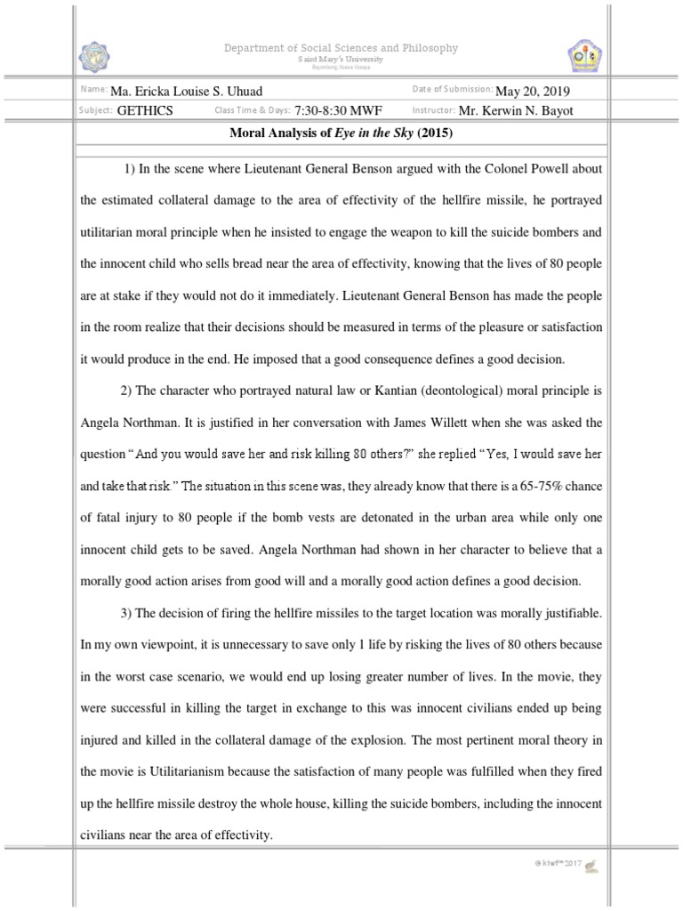 Eye in The Sky Reflection Paper PDF Utilitarianism Morality