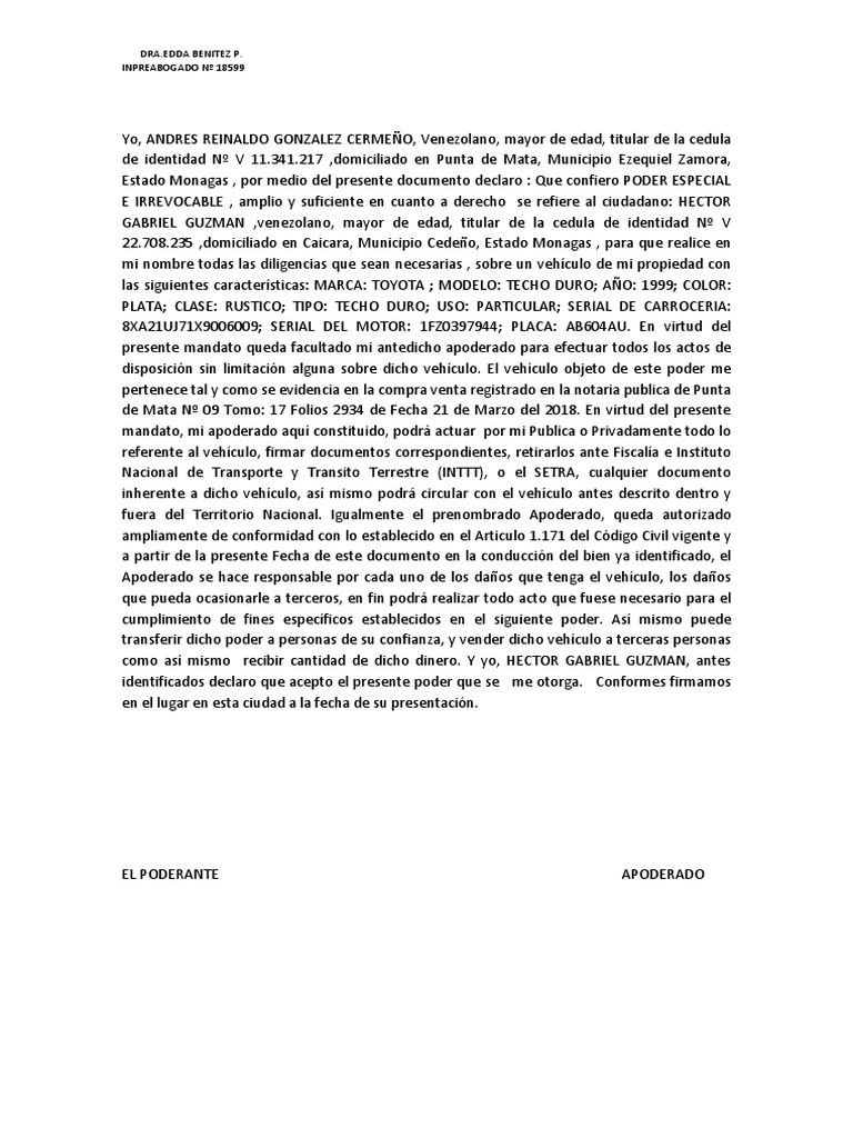Poder Especial para Vehículo en Venezuela | PDF | Justicia | Crimen y ...