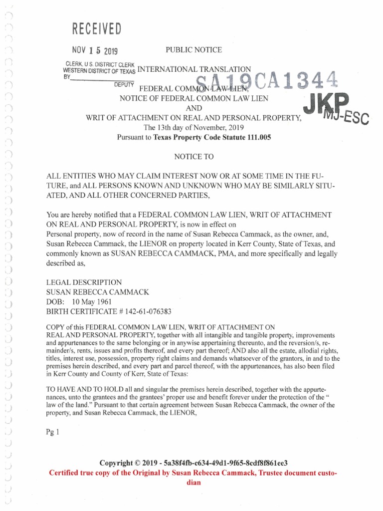 Notice of Federal Common Law Lien And Writ of Attachment on Real
