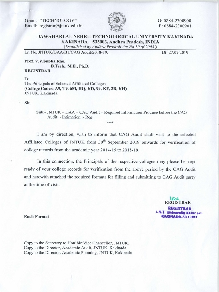 JNTUK CAG Audit Notification 2019 | PDF | Technology & Engineering