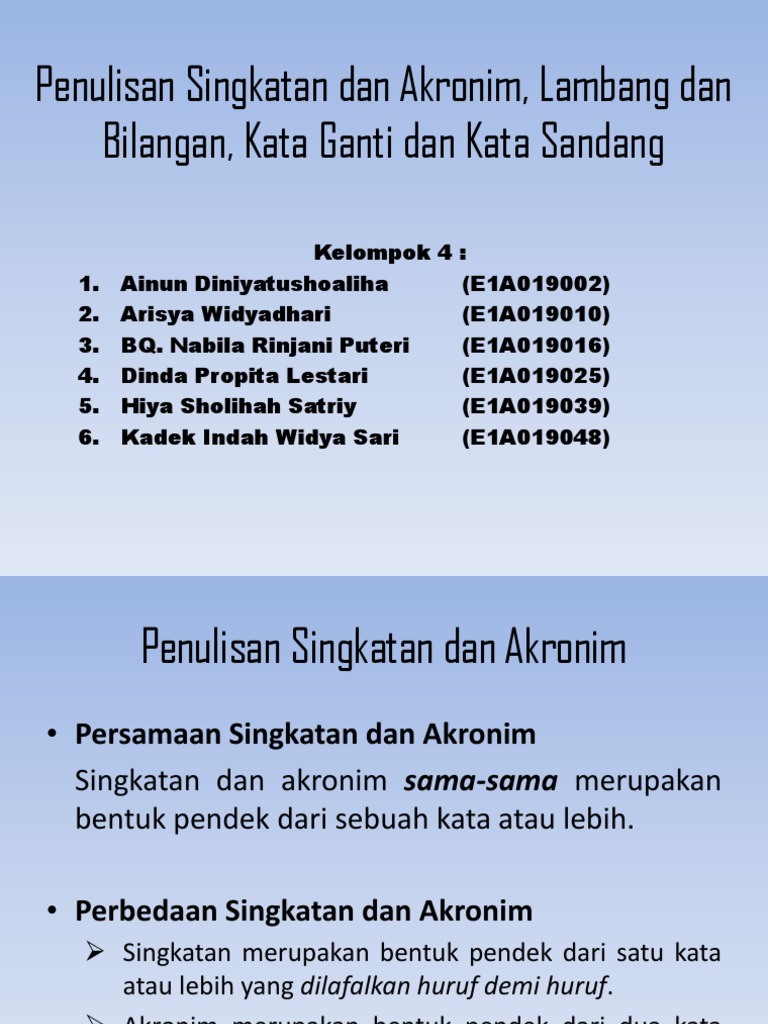 Penulisan Singkatan Dan Akronim Lambang Dan Bilangan Kata Ganti Dan Kata Sandang
