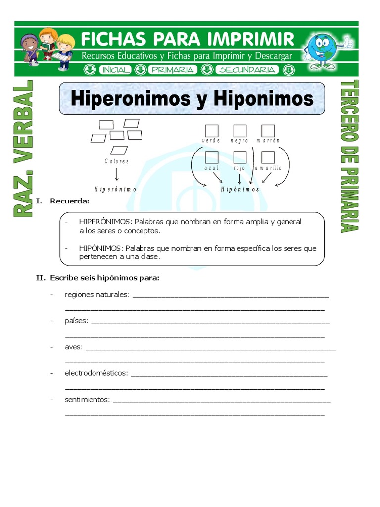 Ficha de Hiperonimos y Hiponimos para Tercero de Primaria | PDF ...