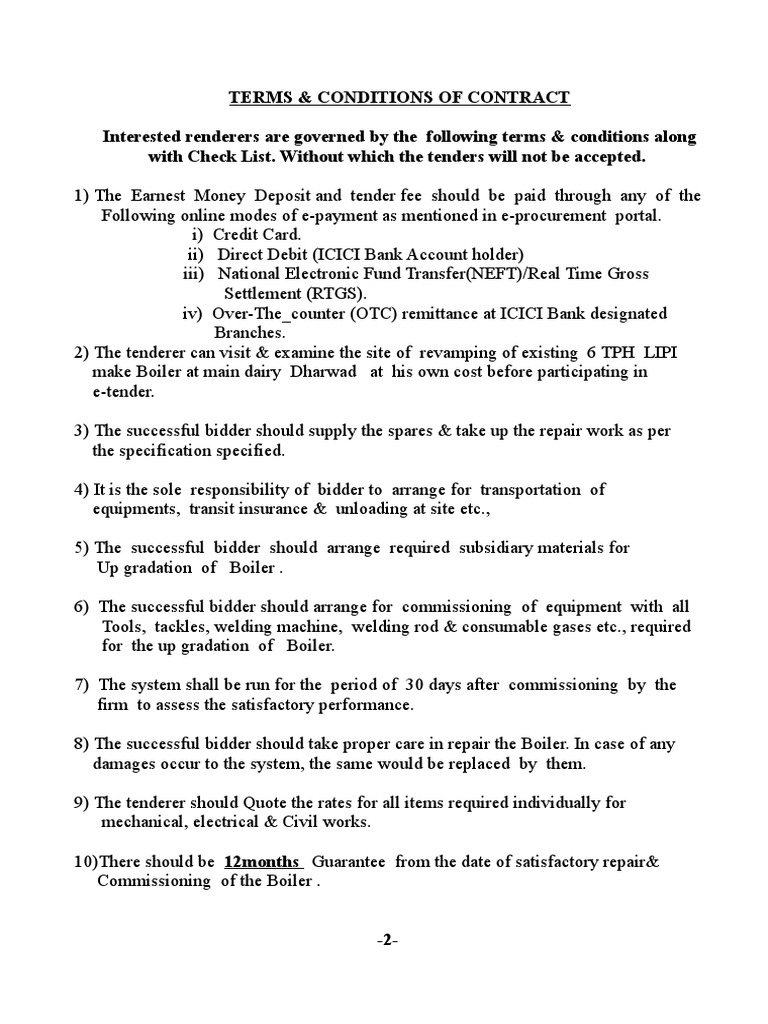 Boiler Repair Tender TermsConditions PDF Legal Tender Procurement