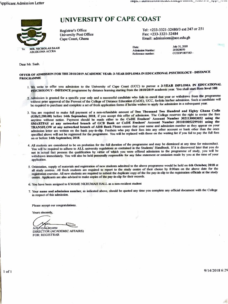 Ucc Admission Letter PDF Academia Business