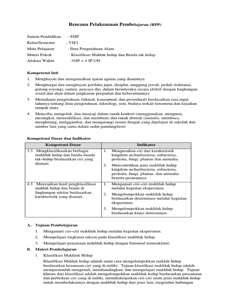 Rpp Klasifikasi Makhluk Hidup