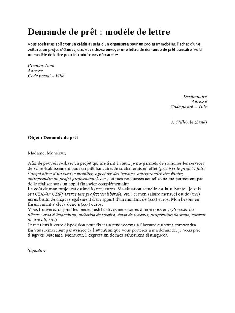 Demande de Prêt, Modèle PDF