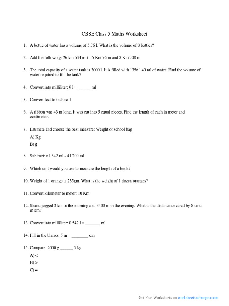 CBSE Class 5 Maths Worksheets PDF | PDF