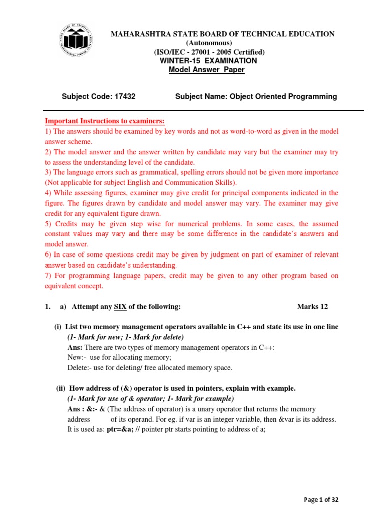 OOP Model Answer Paper - Winter 2015 | PDF | Pointer (Computer ...