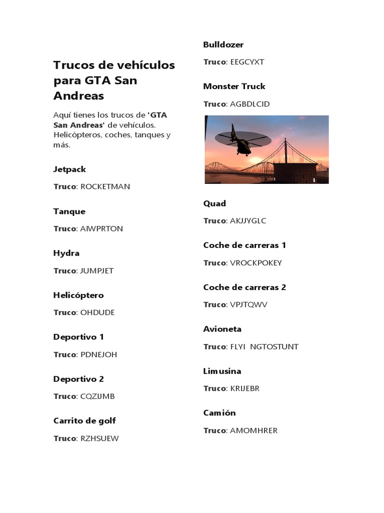 Donde Comprar Coches En Gta San Andreas Trucos de Vehículos para GTA San Andreas | PDF | Ocio | Deportes