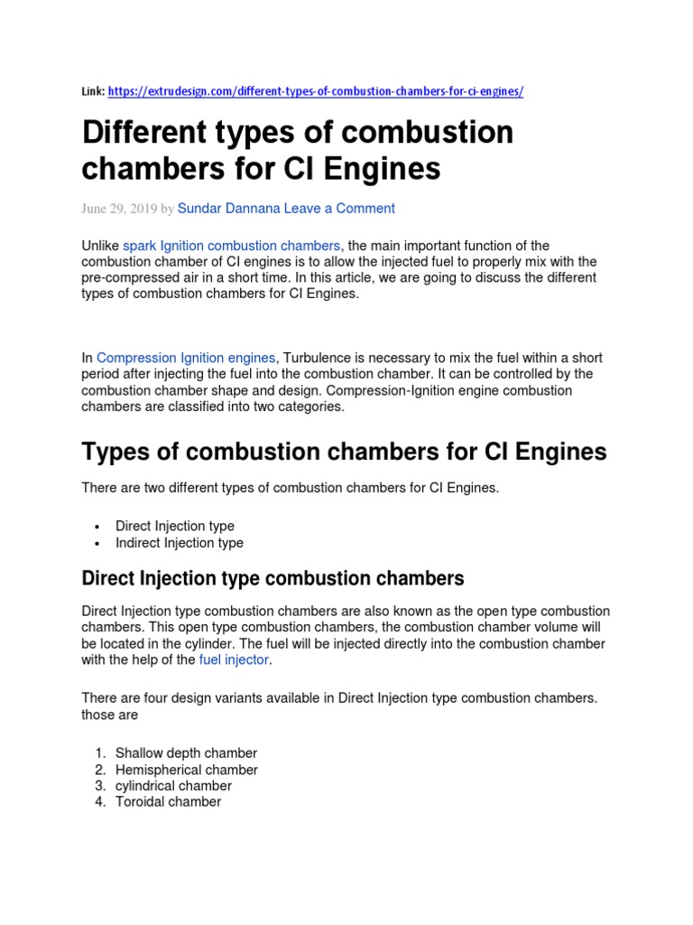 Different Types of Combustion Chambers For CI Engines PDF Fuel Injection Diesel Engine