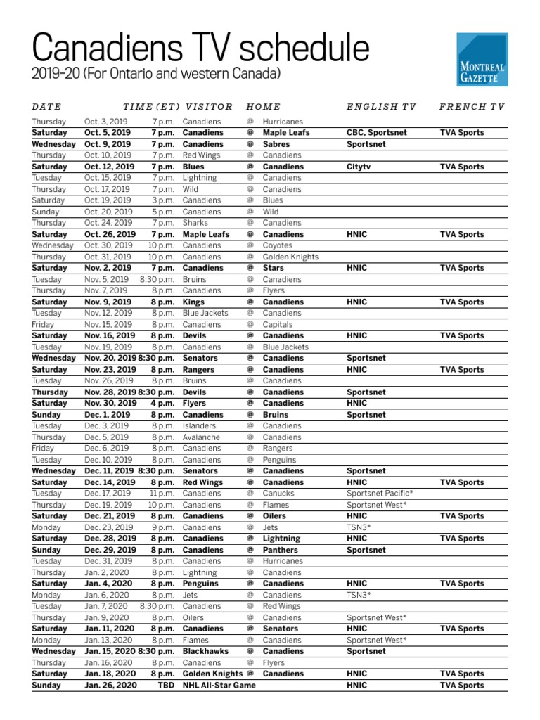 Montreal Canadiens Tv Schedule Canada