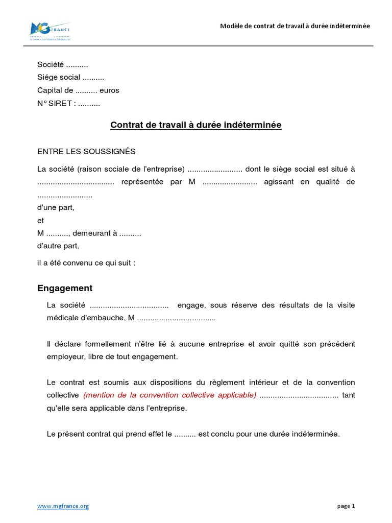 Modèle de contrat CDI en France | PDF | Congé annuel | Heures ...