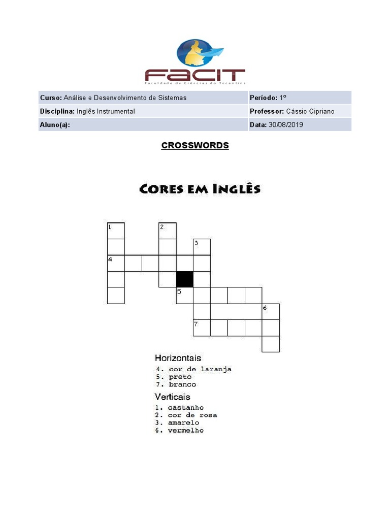 Crosswords - Palavras Cruzadas Com Cores em Inglês | PDF