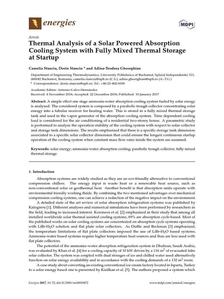 Energies: Thermal Analysis of A Solar Powered Absorption Cooling System ...