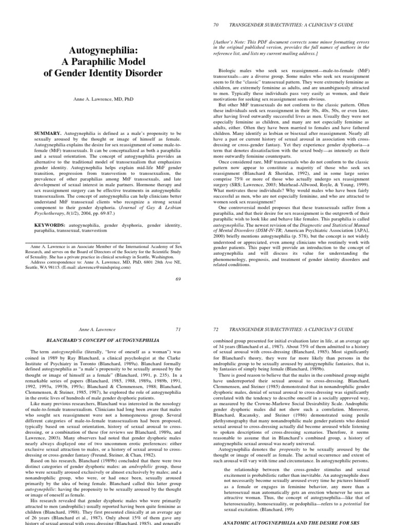 Autogynephilia: A Paraphilic Model of Gender Identity Disorder Anne A ...
