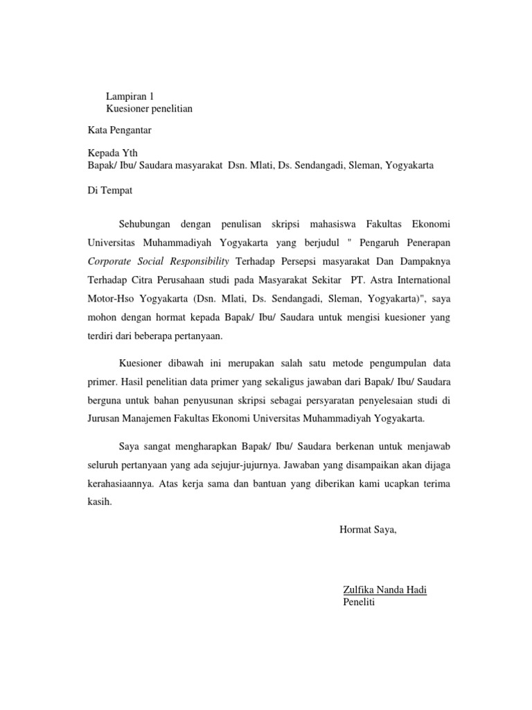 Contoh Kata Pengantar Kuesioner Penelitian Dikdasmen