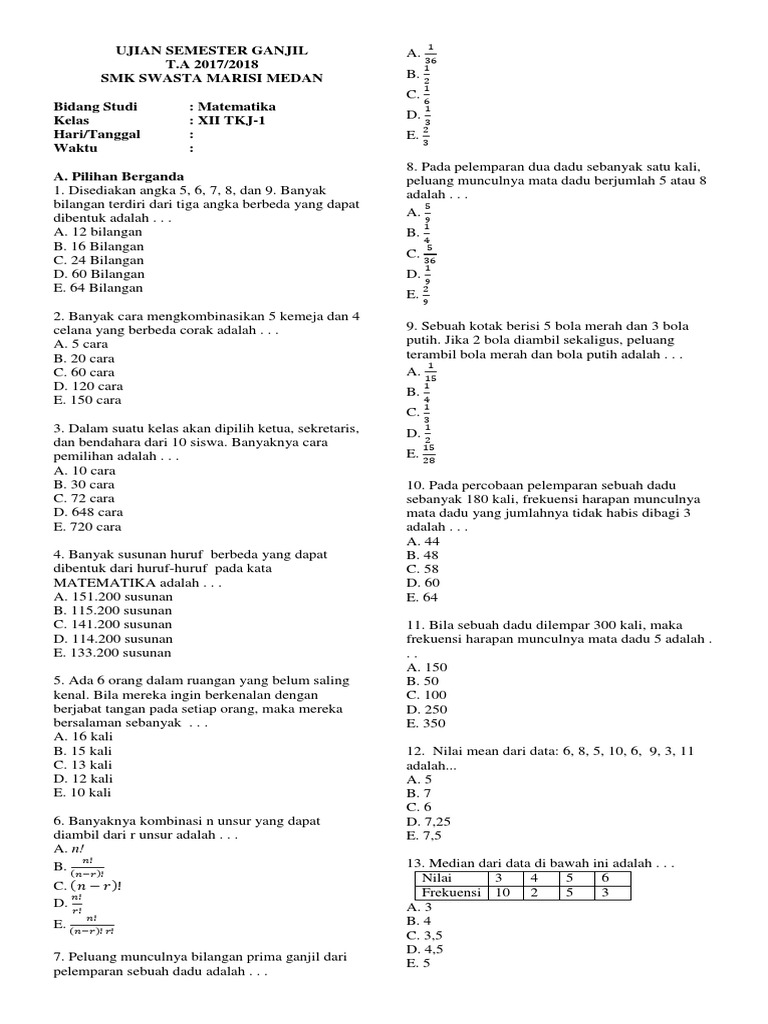 Soal Matematika Kelas Xii Tkj1 Ujian Semester Ganjil Smk Marisi Medan
