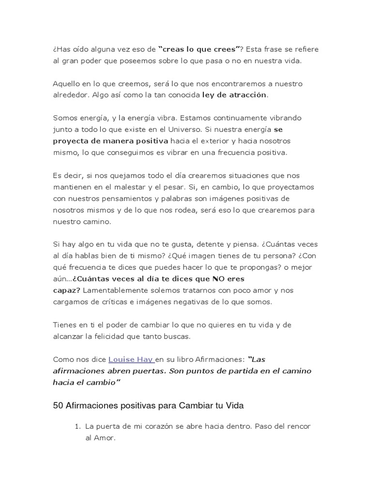 Afirmaciones Positivas para Transformar Tu Vida | PDF | Amor | Vida