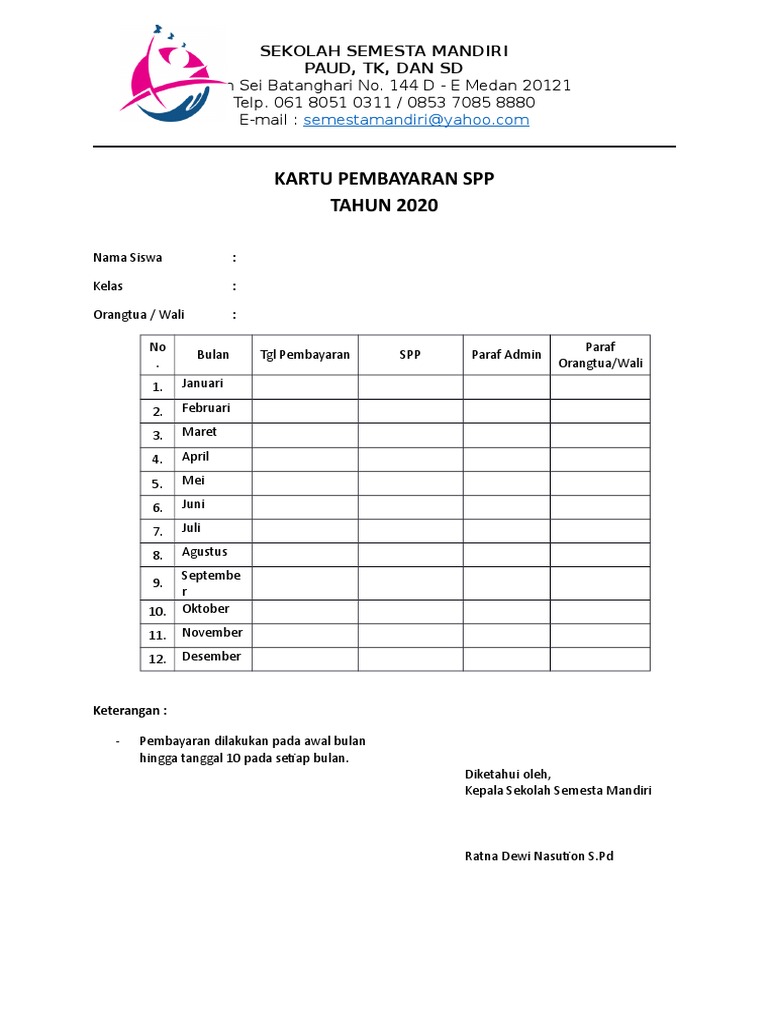 Kartu Pembayaran SPP Sekolah 2020 | PDF