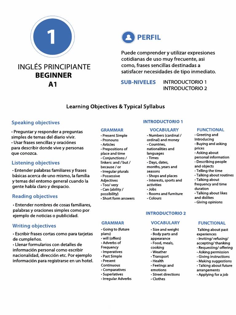 English A1 Beginner Course Outline | PDF