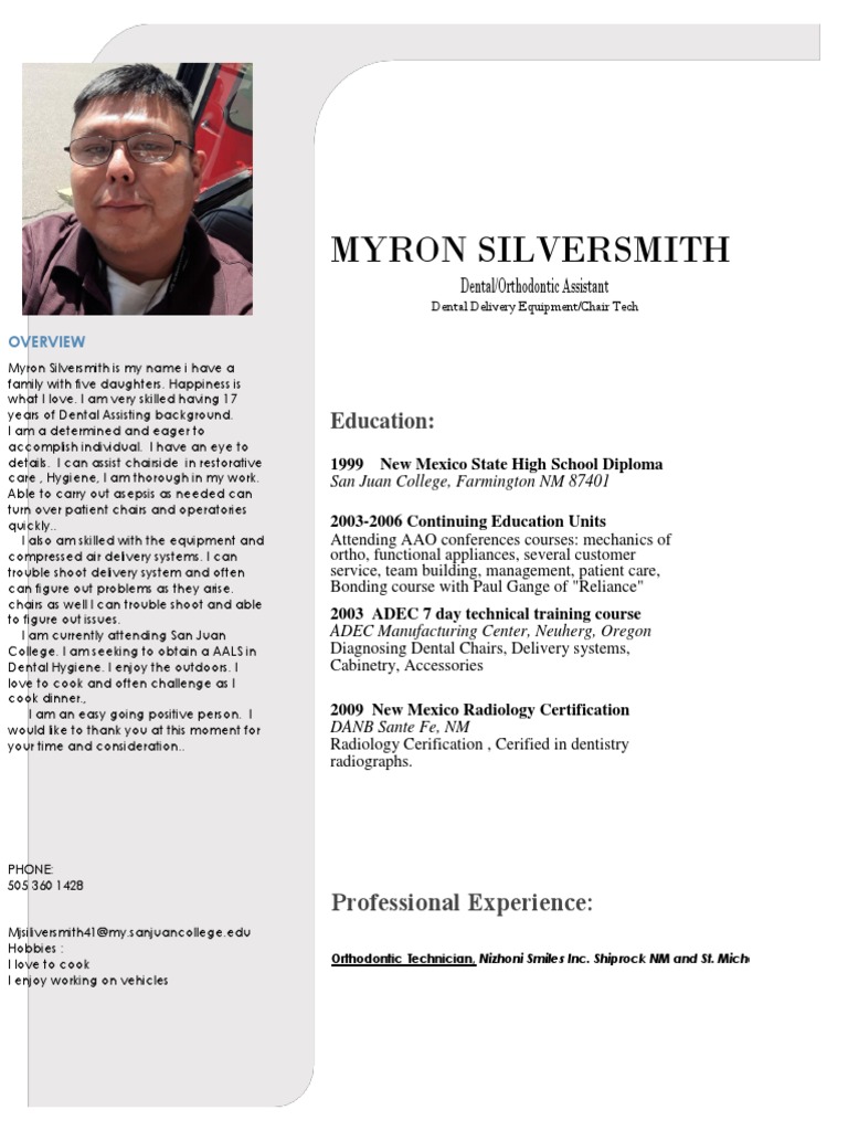 Myron Silversmith Technical Resume | PDF | Orthodontics | Dentist