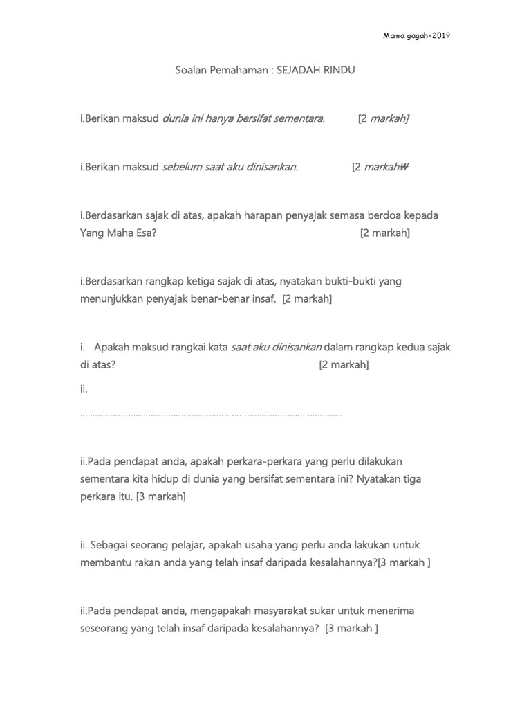Soalan Pemahaman-Sejadah Rindu 2019 | PDF