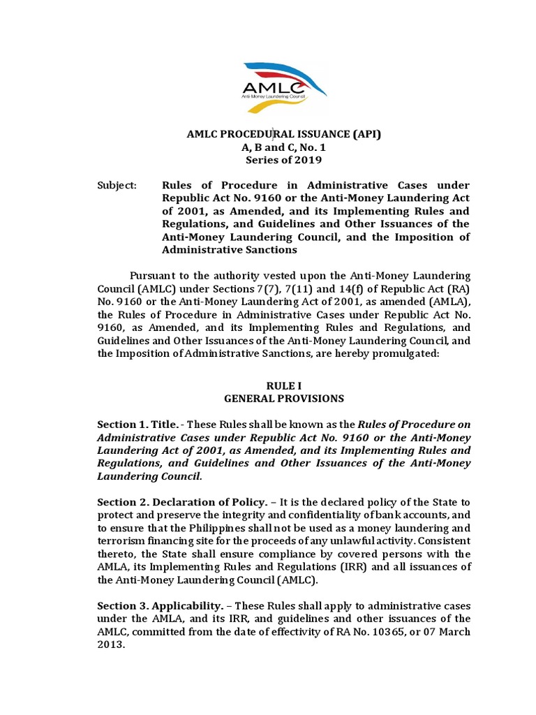 AMLC Administrative Case Procedures 2019 | PDF | Money Laundering ...