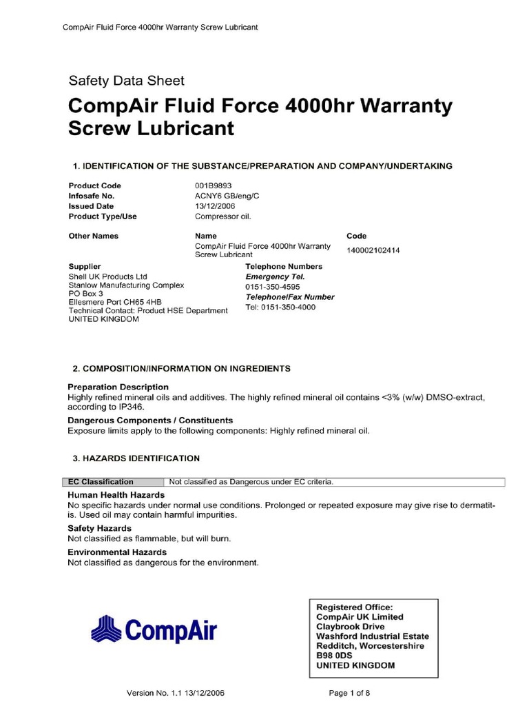 SDS Compressor Oil PDF