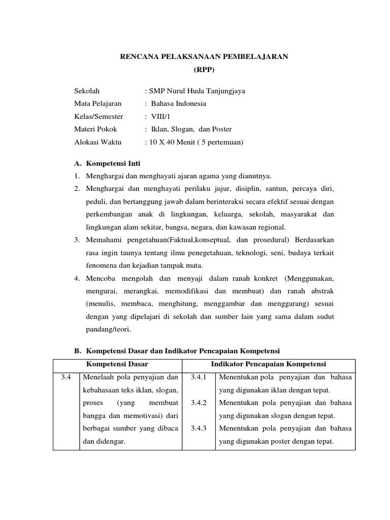 RPP Iklan, Slogan, dan Poster Kelas 8 | PDF | Karier & Perkembangan
