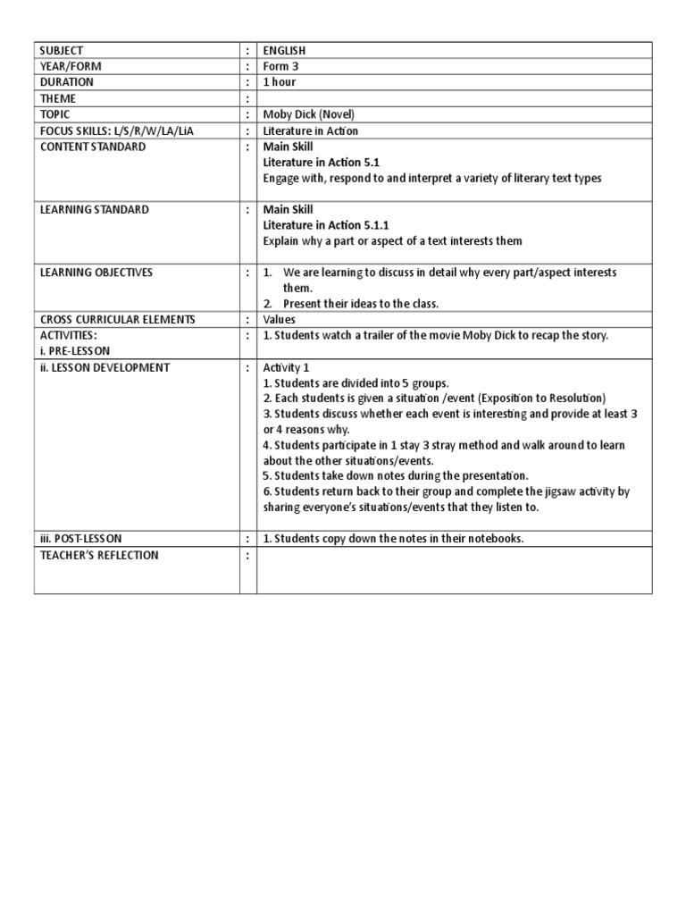 Moby Dick Lesson Plan for Form 3 | PDF | Language Arts & Discipline