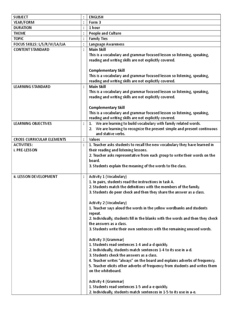 Language Awareness Lesson Plan CEFR (FORM 3) | PDF | Language Arts ...
