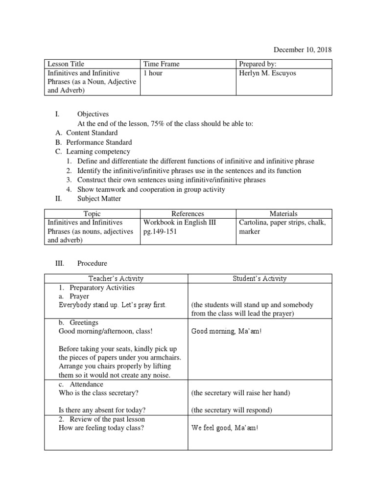 Infinitives and Their Functions Lesson Plan | PDF | Verb | Adverb