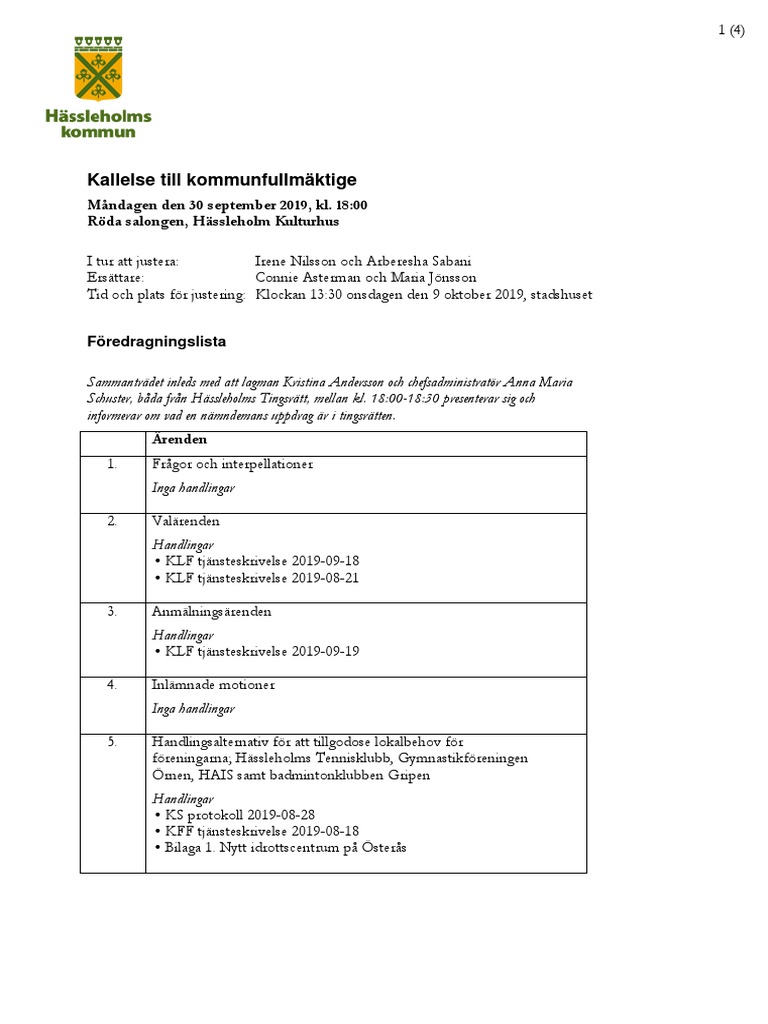 Kommunfullmäktiges Kallelse 2019-09-30  PDF