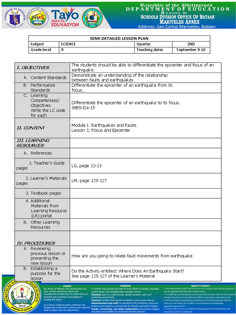Grade 8 Earthquake Lesson Plan | PDF | Tsunami | Earthquakes