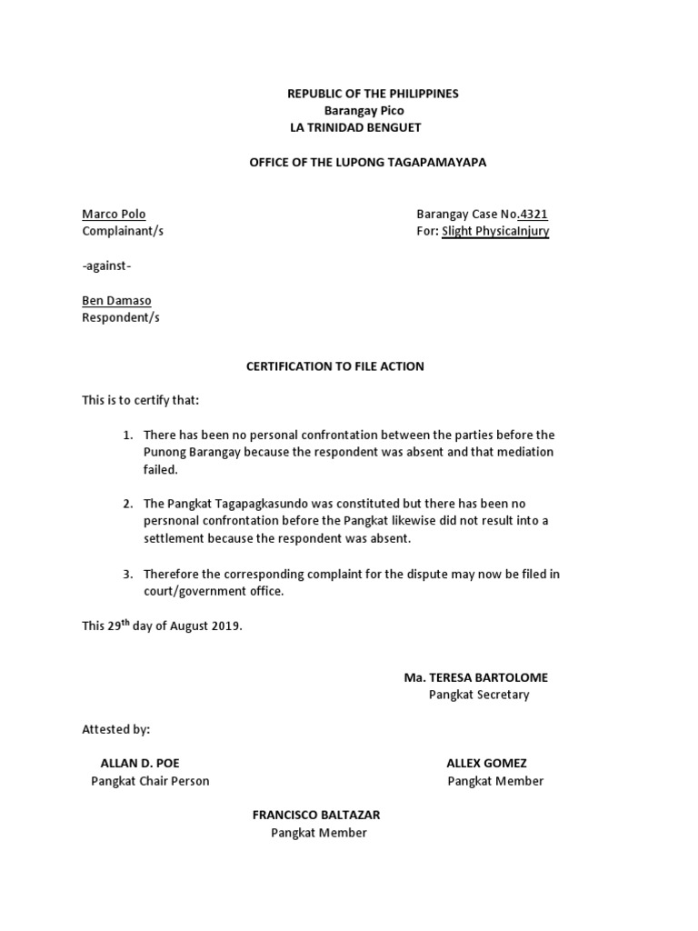 Barangay Pico Case Certification | PDF