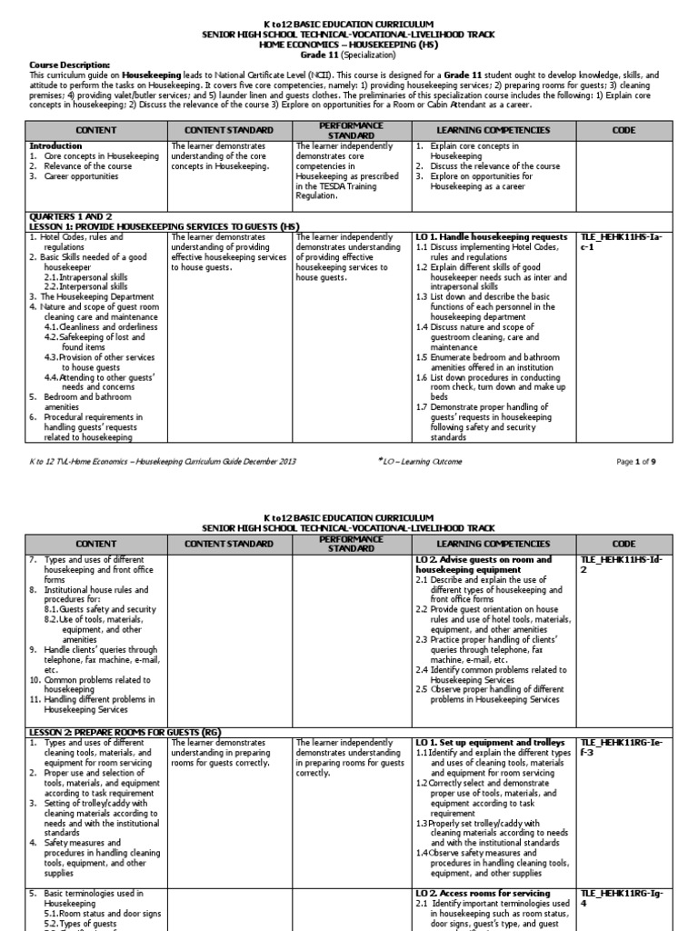 Final TVL HE Housekeeping Grade 11 03.11.14 PDF Laundry
