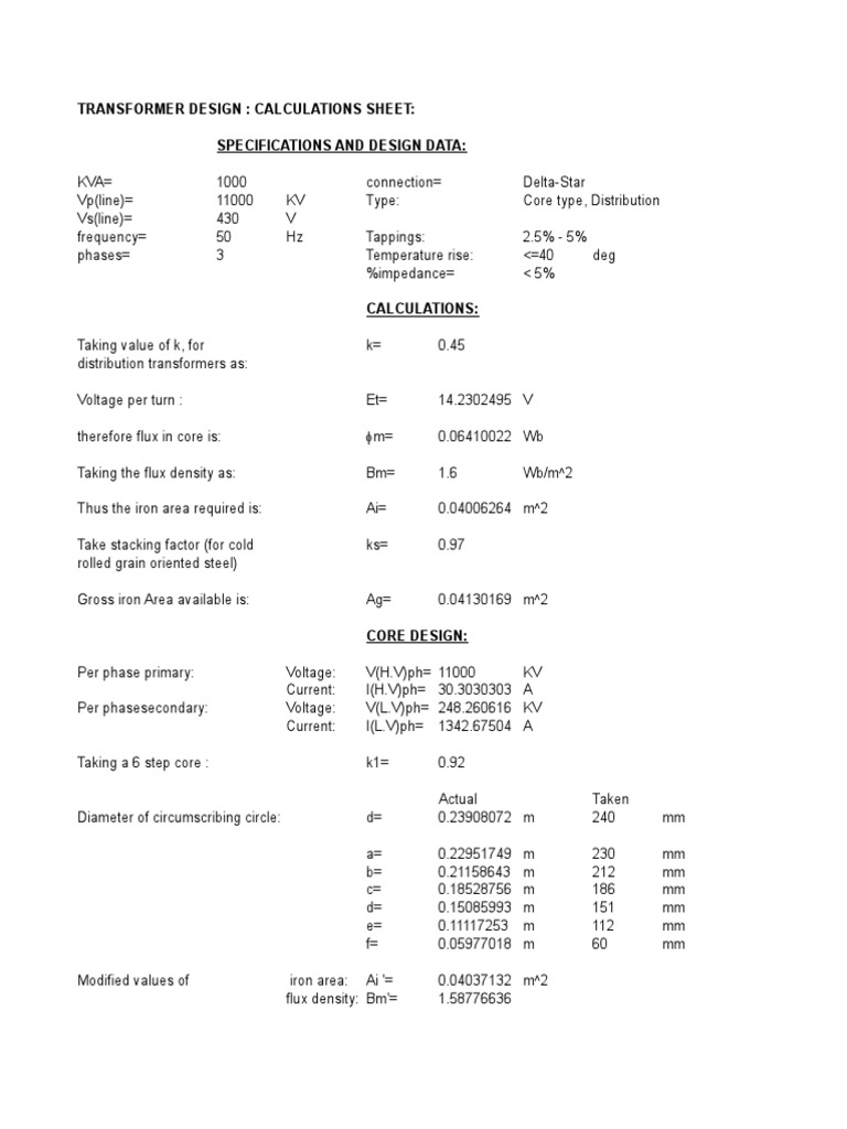 Transformer Design Calculations Sheet | PDF | Transformer | Inductor