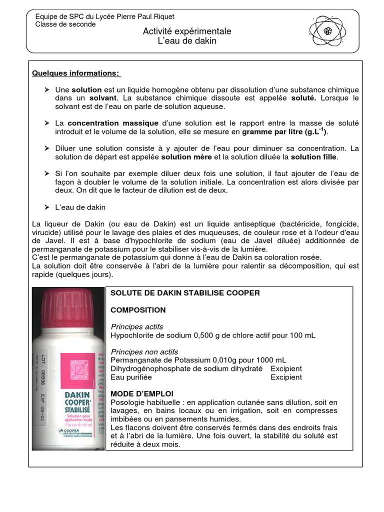 L Eau De Dakin Exercice Corrigé Seconde Fiche Élève Eau de Dakin | PDF | Chimie | Sciences physiques
