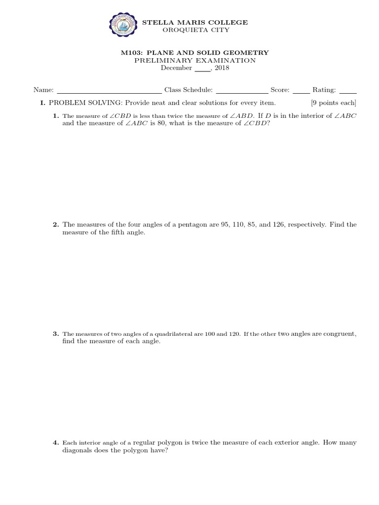 Plane Geometry Angles Examination | PDF