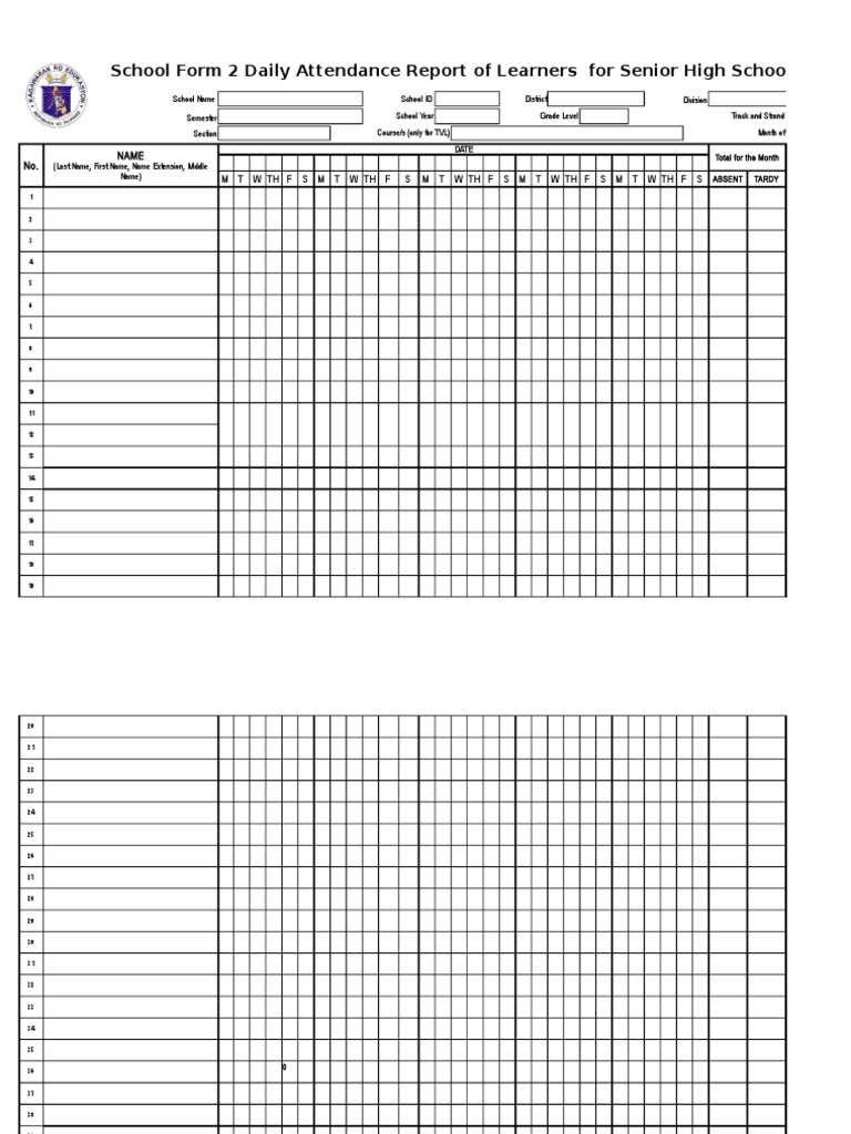 School Form 2 Daily Attendance Report of Learners For Senior High ...
