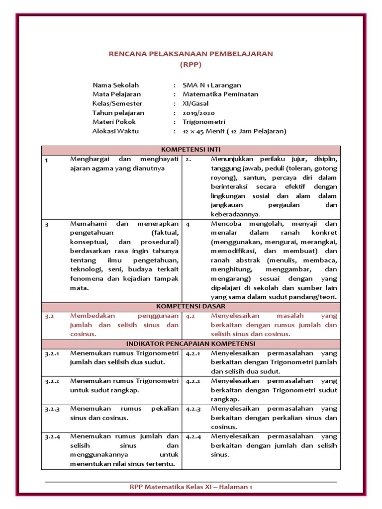 Rpp Kelas Xi Peminatan Kd 3 2 Trigonometri Pdf