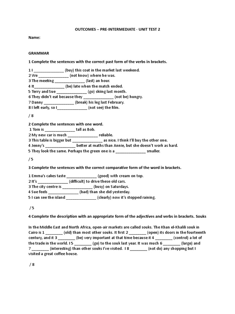 Outcomes Pre-Int - Unit 2 Test | PDF | Suit (Clothing) | Grammar