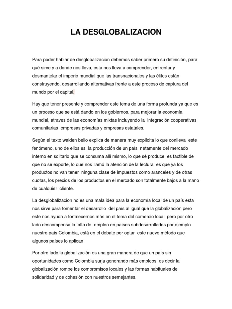 Ensayo La Desglobalizacion PDF Globalización Comercio